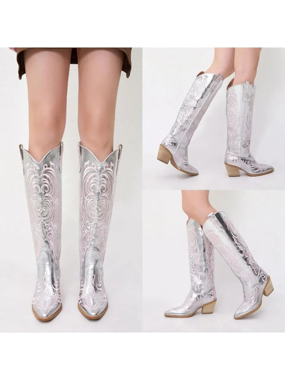 Women's Silver Rubber Cowgirl Knee High Pointed Toe Block Heel Embroiderd Boots - Picture 4 of 6